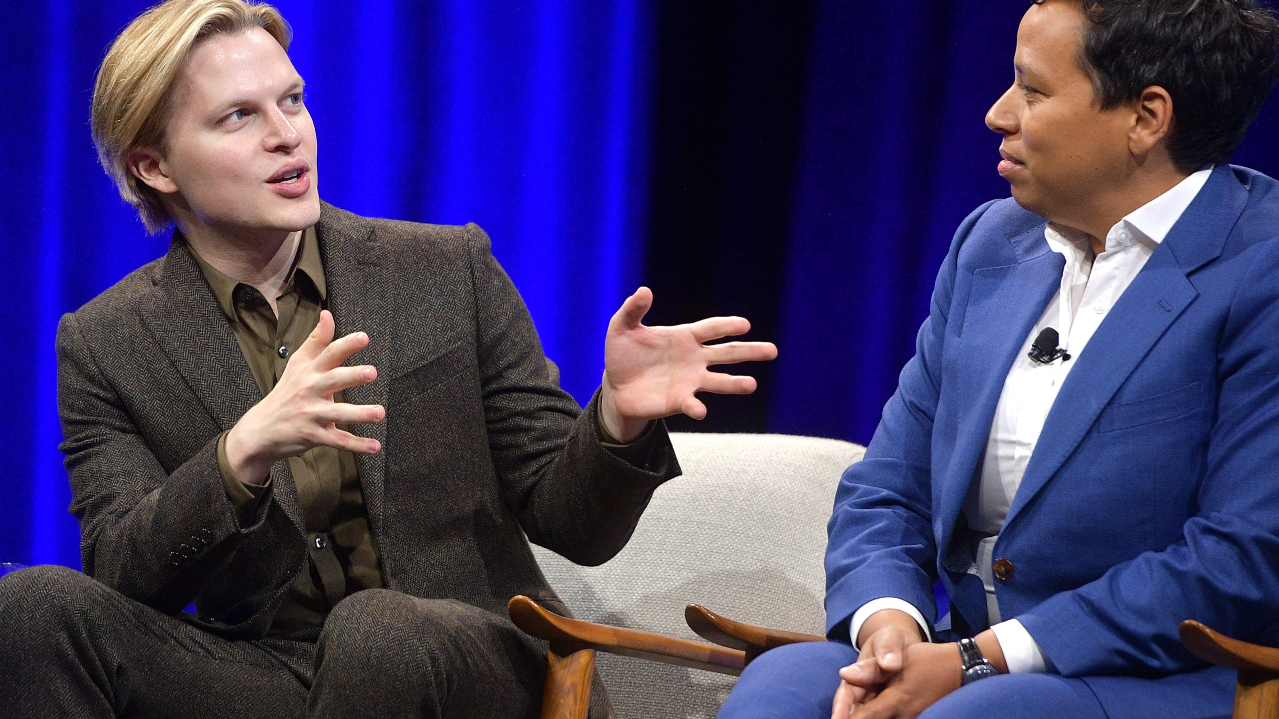 Author/journalist Ronan Farrow and Editor-in-Chief of HuffPost Lydia Polgreen speak onstage during 'Talkin' About Our Generation: The Power of Recent History' at Vanity Fair's 6th Annual New Establishment Summit at Wallis Annenberg Center for the Performing Arts on Oct. 22, 2019, in Beverly Hills. (Credit: Matt Winkelmeyer/Getty Images for Vanity Fair)