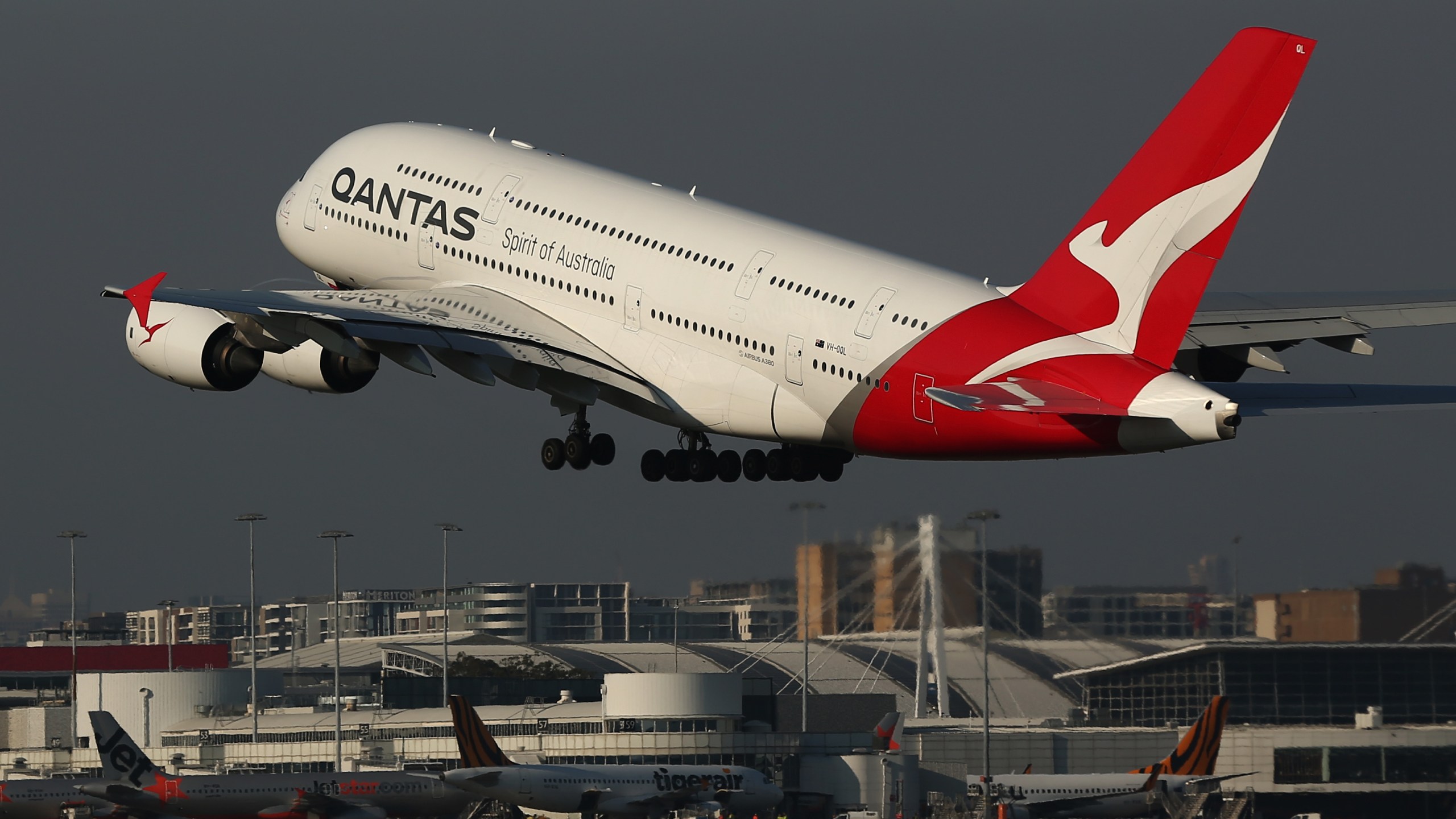 A Qantas A380 plane takes off from Sydney Airport on October 31, 2019. (Credit: Brendon Thorne/Getty Images)