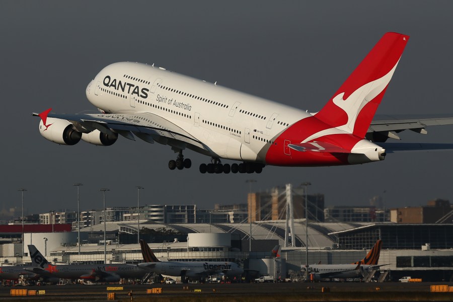 A Qantas A380 plane takes off from Sydney Airport on October 31, 2019. (Credit: Brendon Thorne/Getty Images)