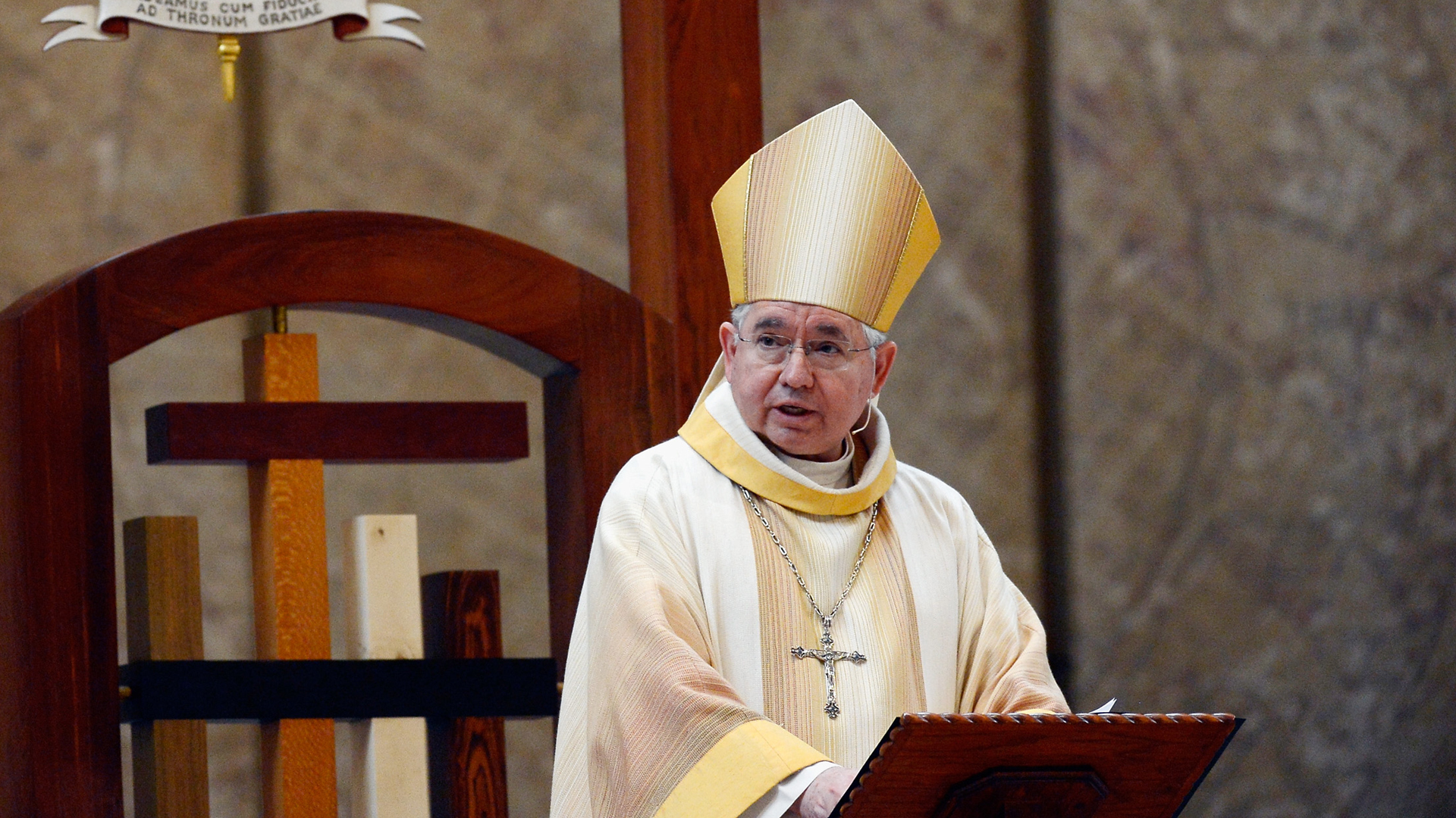 Los Angeles Archbishop Jose Gomez is seen during mass at the Cathedral of Our Lady of the Angels on March 13, 2013, in Los Angeles. (Credit: Kevork Djansezian/Getty Images)