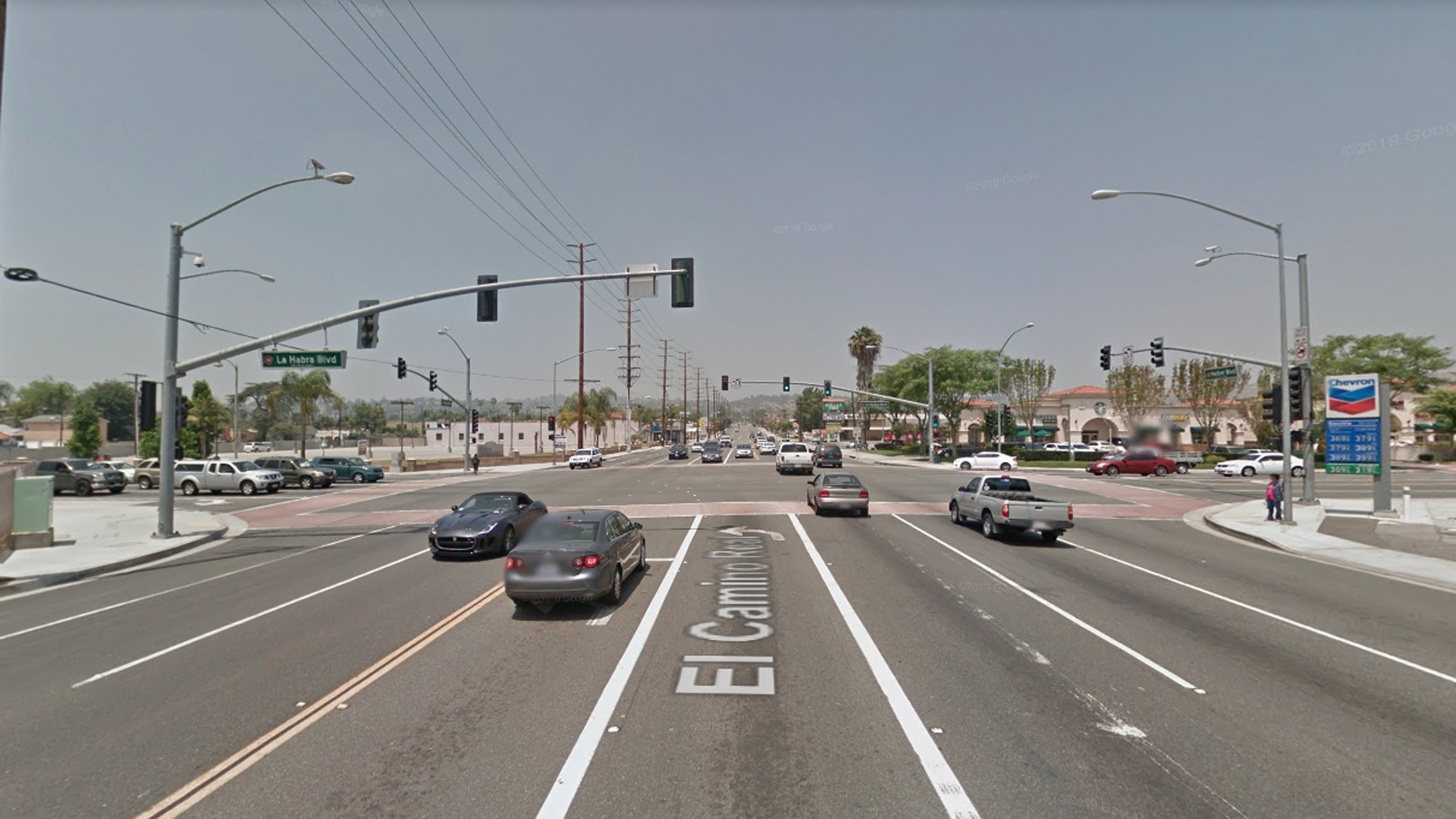 The intersection of La Habra and Harbor boulevards in La Habra, as pictured in a Google Street View image.