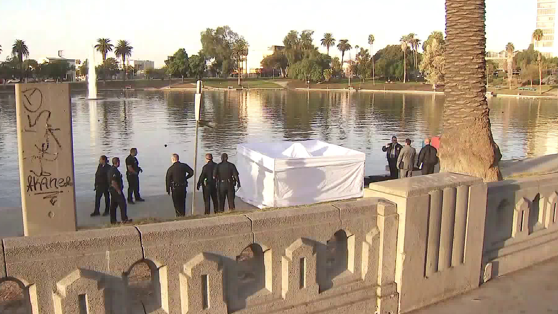 A body was discovered in MacArthur Park Lake on Nov. 26, 2019. (Credit: KTLA)