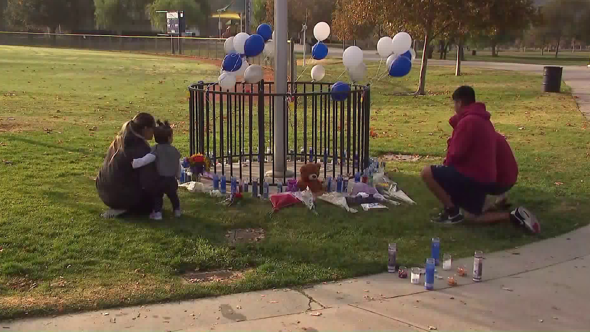 A memorial is seen at Central Park near Saugus High School in Santa Clarita on Nov. 15, 2019. (Credit: KTLA)