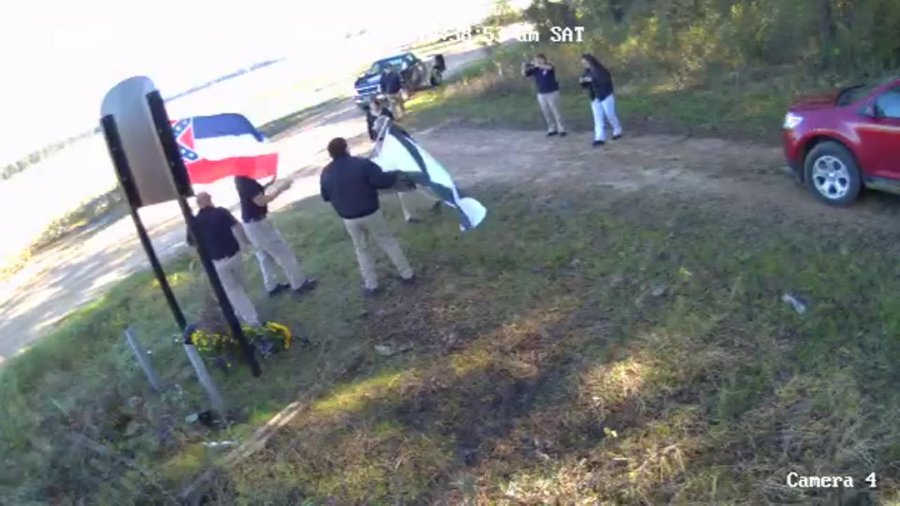 A white supremacist group filmed a video in front of the Emmett Till Memorial in Sumner, Mississippi, over the weekend, officials say. (Credit: Sumner Courthouse and Emmett Till Interpretive Center)