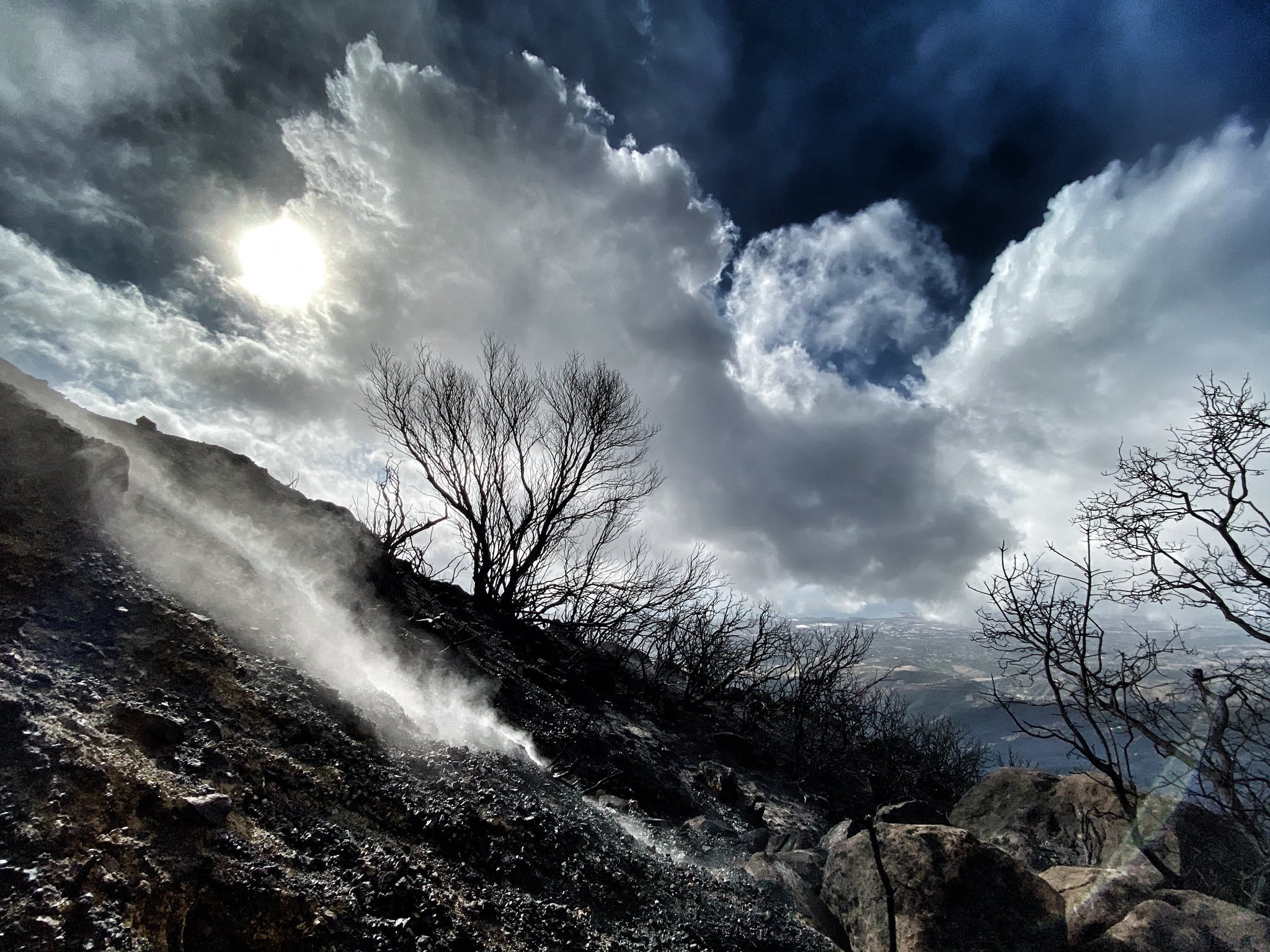 A burn area on East Camino Cielo smolders after rain soaked the Cave Fire burning near Santa Barbara on Nov. 27, 2019. (Credit: Eliason Mike/Santa Barbara County Fire Department)