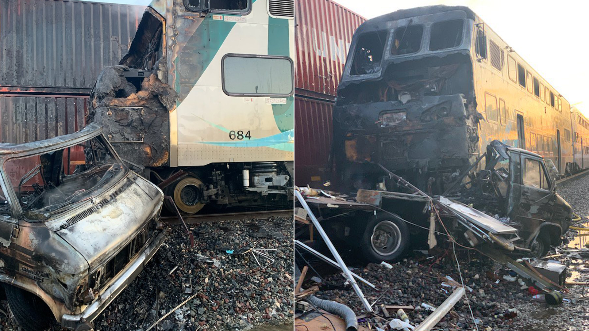 Photos released by the L.A. County Sheriff's Department show the aftermath of a crash between a Metrolink train and an RV in Santa Fe Springs on Nov. 22, 2019.