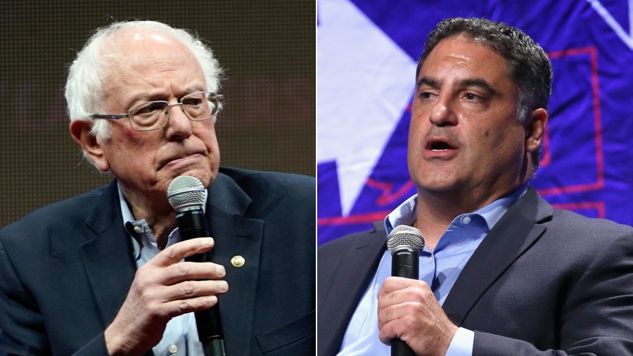 At left, Democratic presidential candidate Sen. Bernie Sanders speaks at a forum in Iowa on Dec. 7, 2019. At right, Cenk Uygur speaks during Politicon at Los Angeles Convention Center on Oct. 21, 2018. (Credit: Win McNamee / Phillip Faraone / Getty Images)