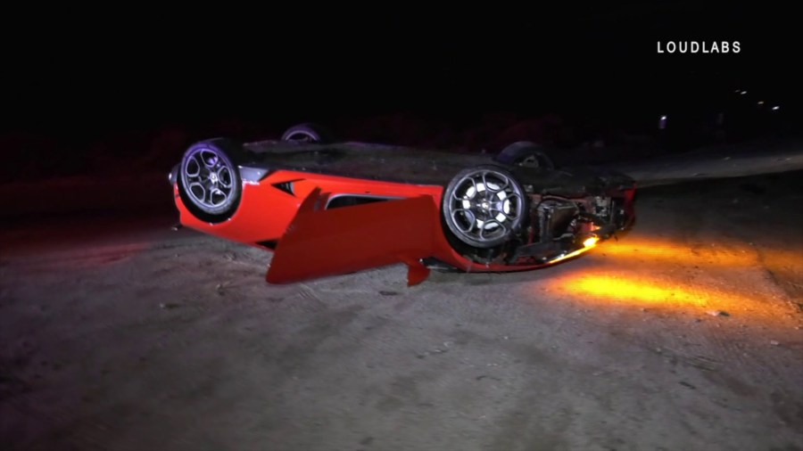 An abandoned Lamborghini was found after it landed upside down on Angeles Crest Highway on Dec. 11, 2019. (Credit: Loudlabs)