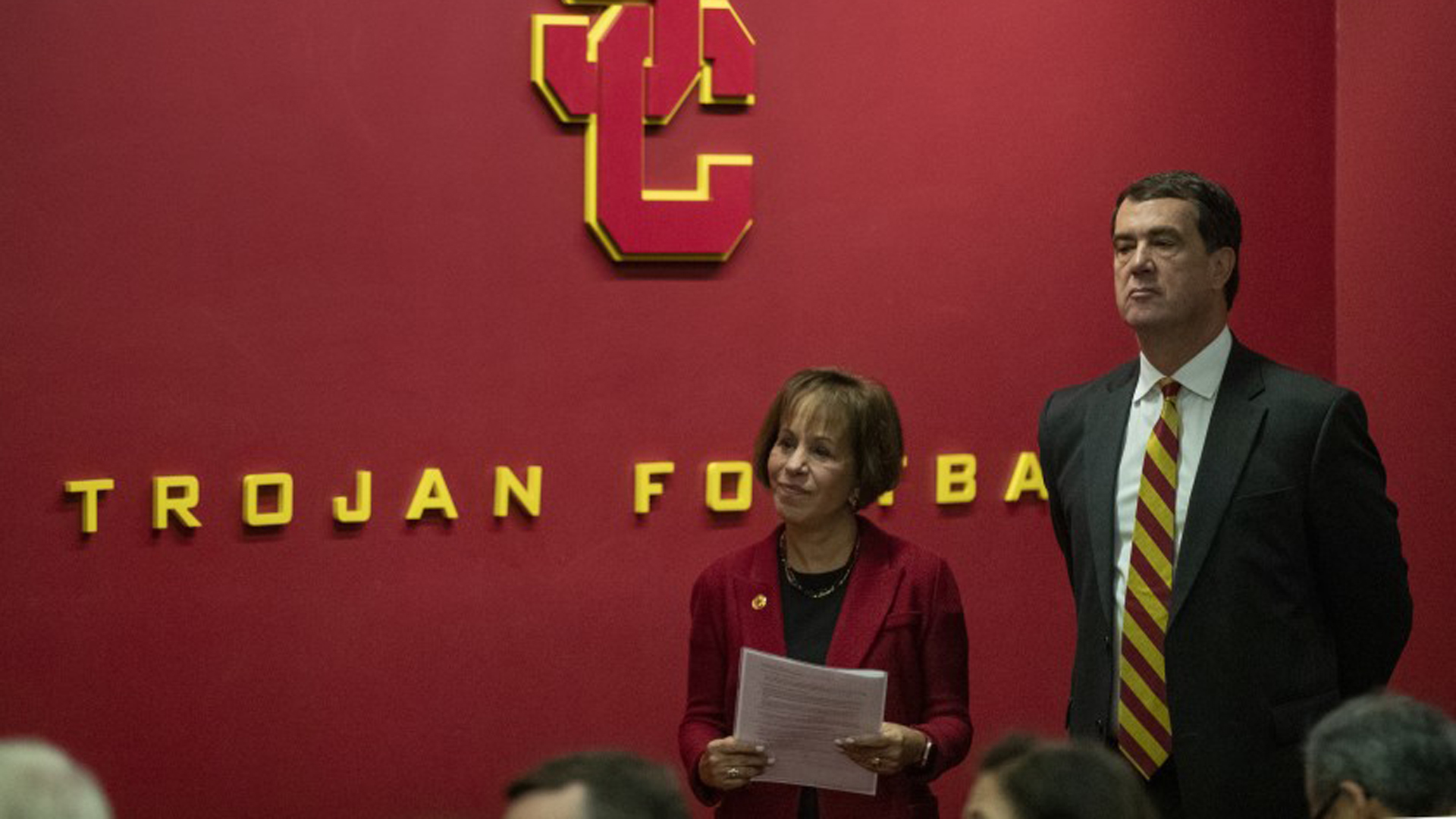 USC President Carol L. Folt waits with new USC athletic director Mike Bohn during news conference on Nov. 7, 2019.(Credit: Brian van der Brug / Los Angeles Times)