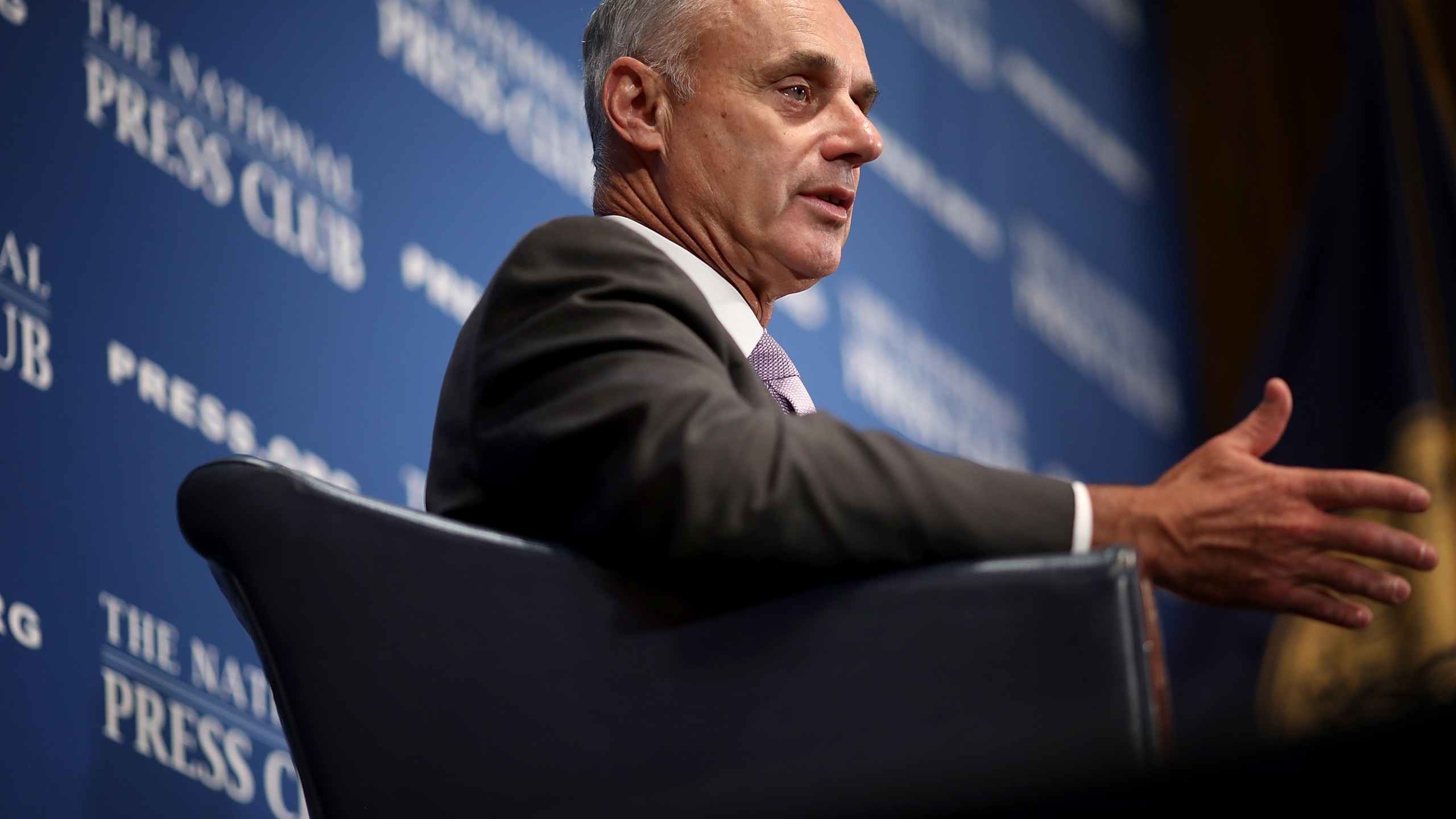 Major League Baseball Commissioner Rob Manfred speaks at the National Press Club July 16, 2018, in Washington, D.C.(Credit: Win McNamee/Getty Images)