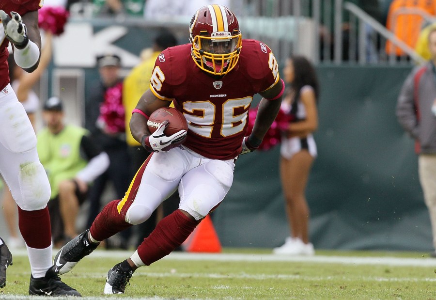 Clinton Portis #26 of the Washington Redskins runs the ball against the Philadelphia Eagles on Oct. 3, 2010 in Philadelphia. (Credit: Jim McIsaac/Getty Images)