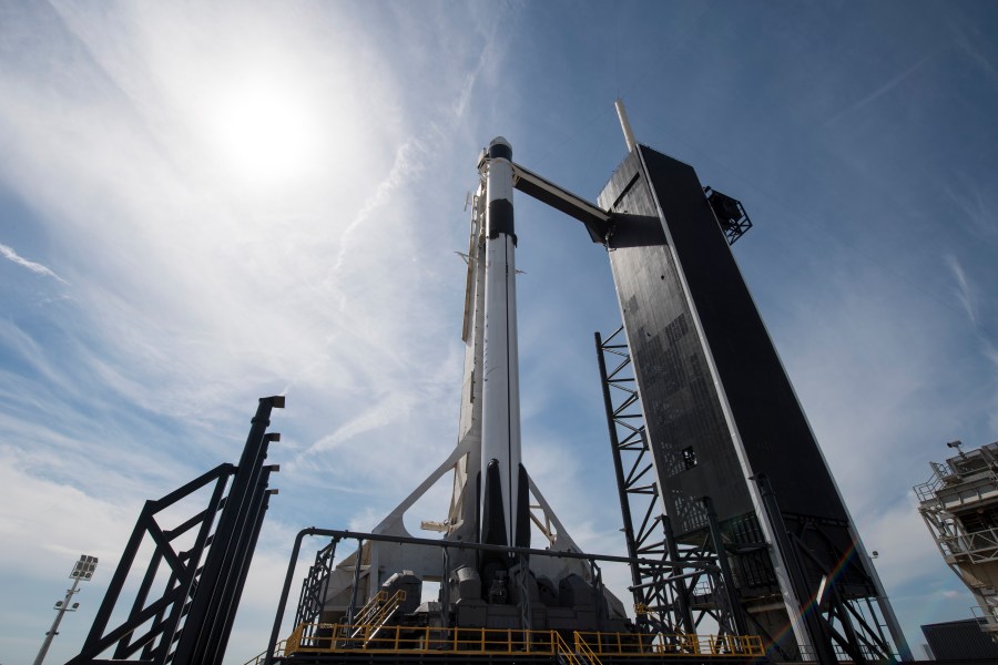 SpaceX Falcon 9 rocket with the company's Crew Dragon spacecraft onboard is seen on the launch pad on Friday, March 1, 2019 at the Kennedy Space Center in Florida. (Credit: Joel Kowsky/NASA via Getty Images)