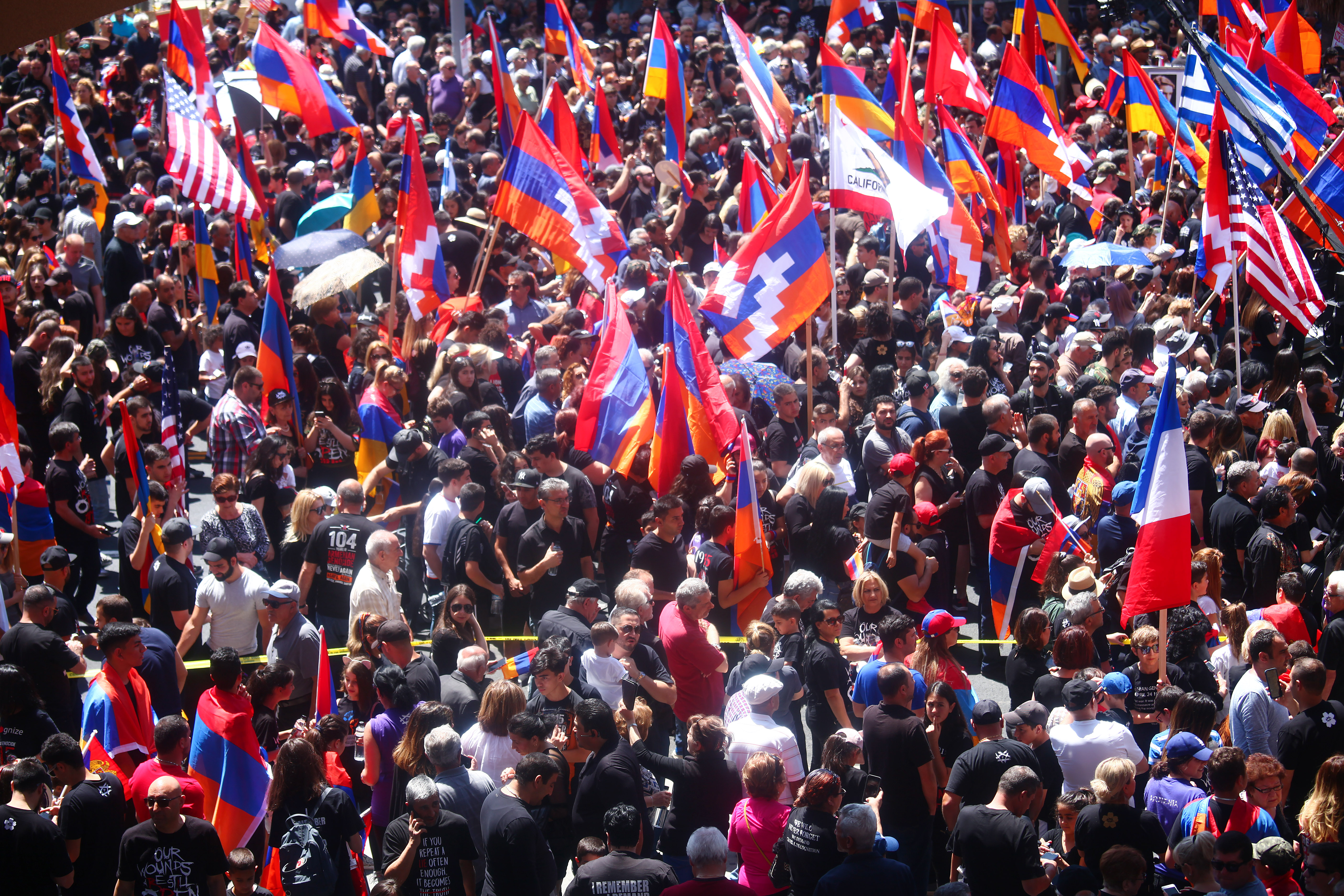 Armenians and supporters gather during a march and rally commemorating the 104th anniversary of the Armenian genocide on April 24, 2019, in Hollywood, California. (Mario Tama/Getty Images)