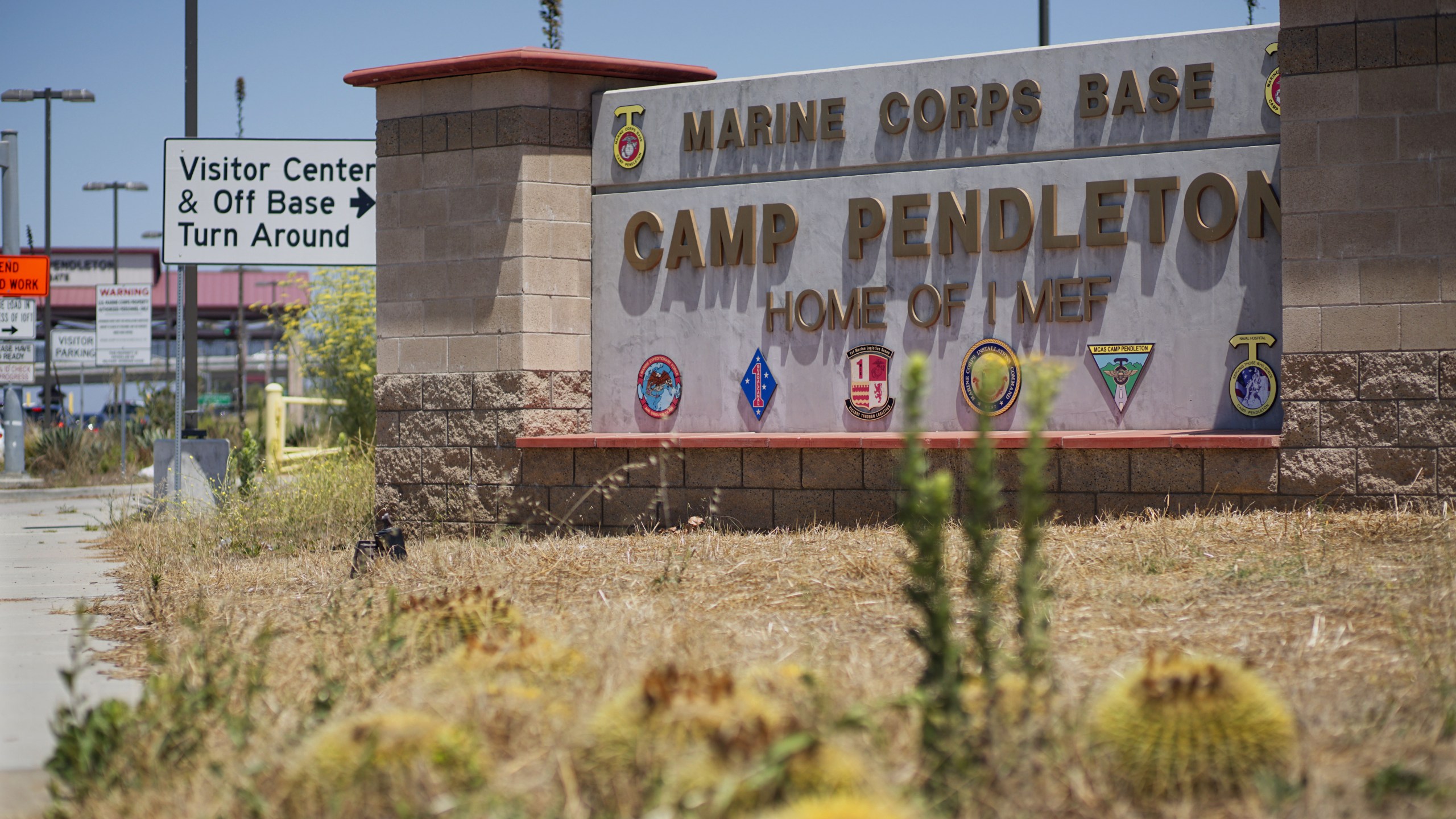 The main entrance to Camp Pendleton is seen on July 26, 2019, in Oceanside, California. (Credit: Sandy Huffaker/Getty Images)