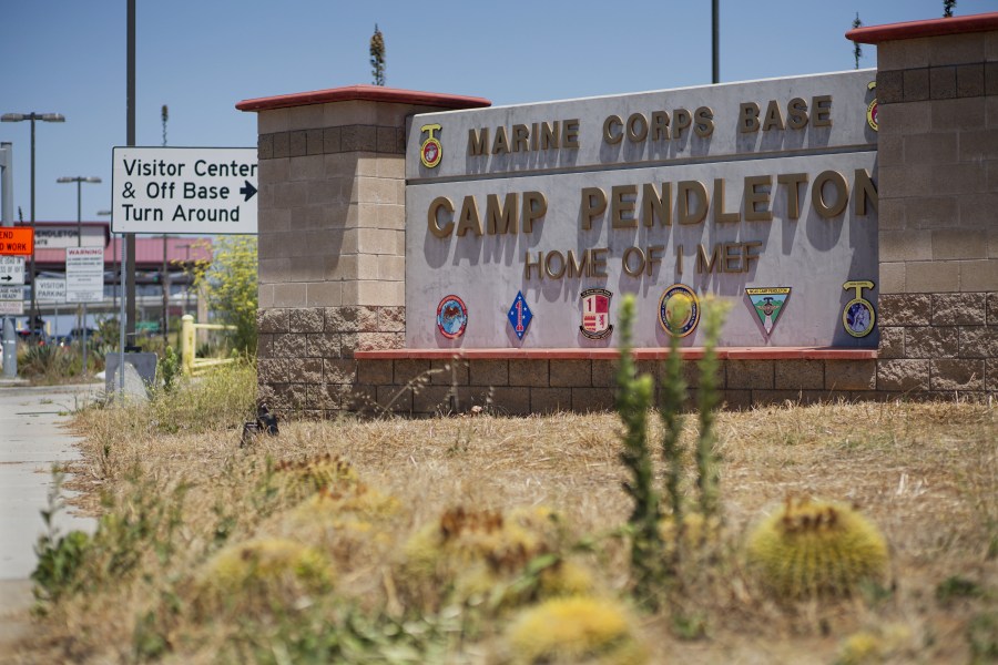 The main entrance to Camp Pendleton is seen on July 26, 2019, in Oceanside, California. (Credit: Sandy Huffaker/Getty Images)