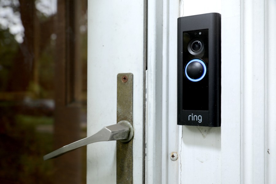 A ring doorbell device with a built-in camera is seen on Aug. 28, 2019, in Silver Spring, Maryland. (Credit: Chip Somodevilla/Getty Images)