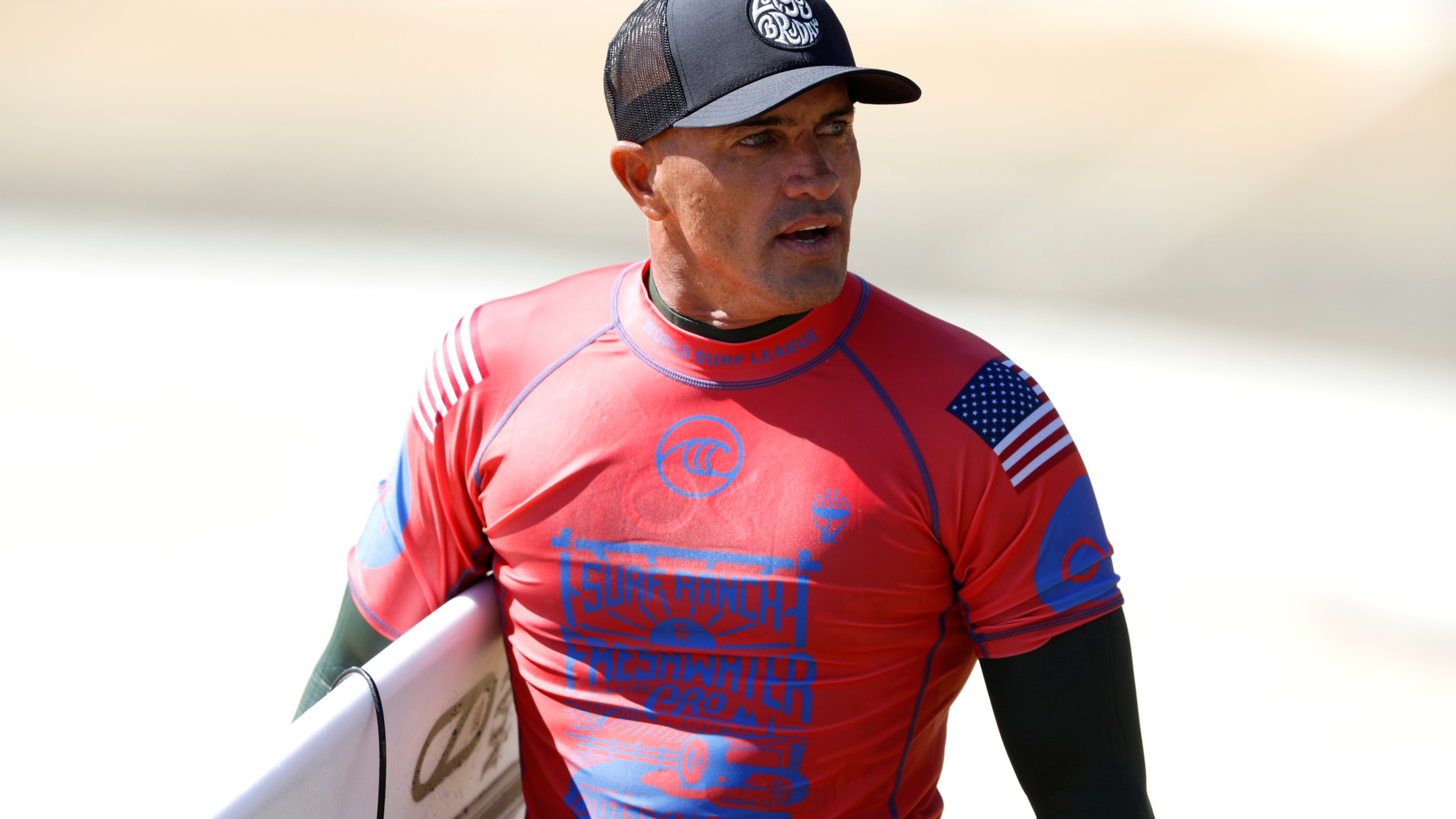 Kelly Slater of the United States looks on during the 2019 Freshwater Pro-WSL on September 21, 2019 in Lemoore, California. (Credit: Sean M. Haffey/Getty Images)