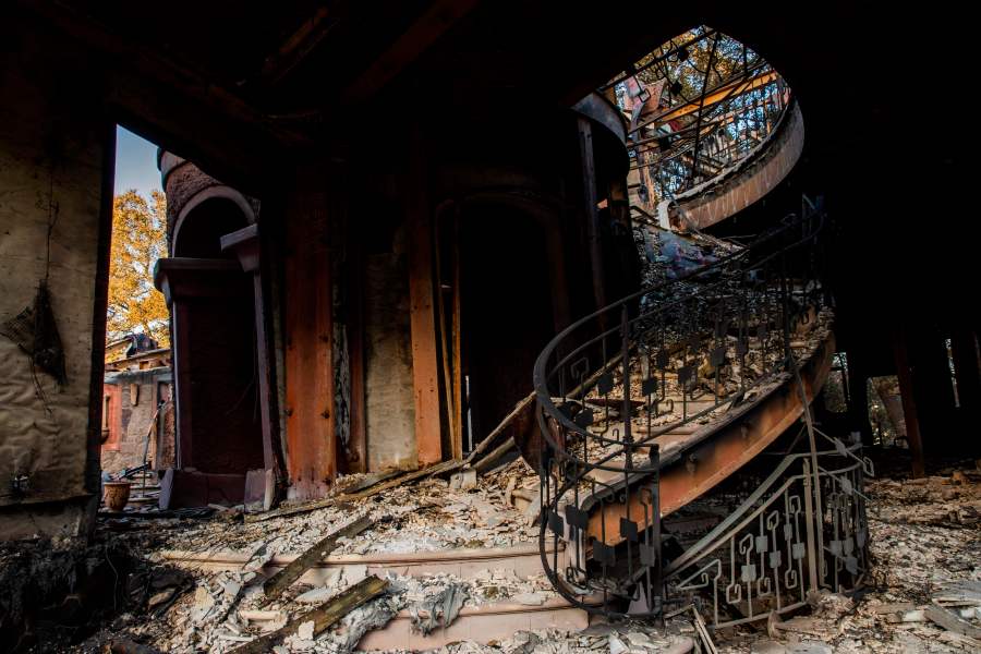 A structure devastated by the Kincade Fire off Briggs Ranch Road in Kellogg is seen on Oct. 31, 2019. (Credit: Philip Pacheco / AFP / Getty Images)