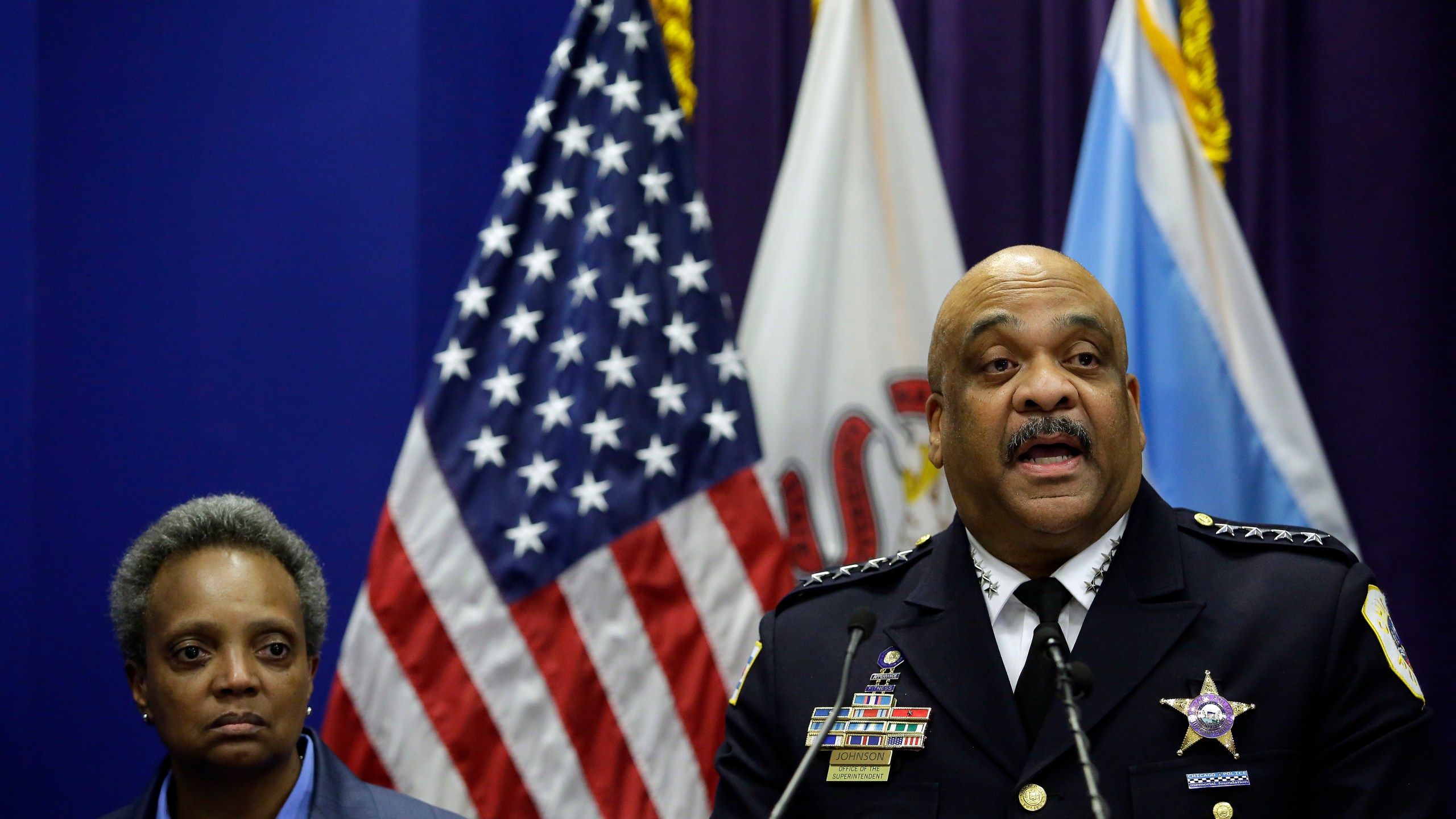 Chicago Police Department Superintendent Eddie Johnson announces his retirement during a news conference with Mayor Lori Lightfoot at the Chicago Police Department's headquarters on Nov. 7, 2019. (Credit: Joshua Lott/Getty Images)