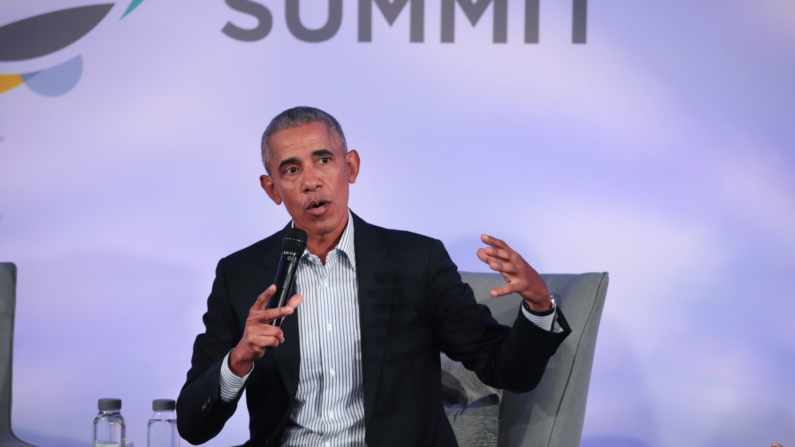 Former President Barack Obama speaks to guests at the Obama Foundation Summit on the campus of the Illinois Institute of Technology in Chicago on Oct. 29, 2019. (Credit: Scott Olson/Getty Images)