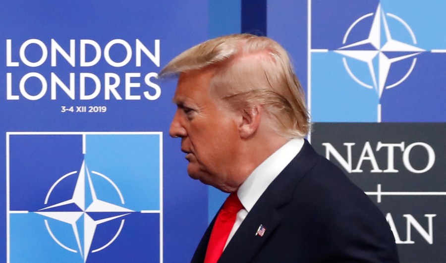 US President Donald Trump arrives for the NATO summit at the Grove hotel in Watford, northeast of London on December 4, 2019. (Credit: CHRISTIAN HARTMANN/POOL/AFP via Getty Images)