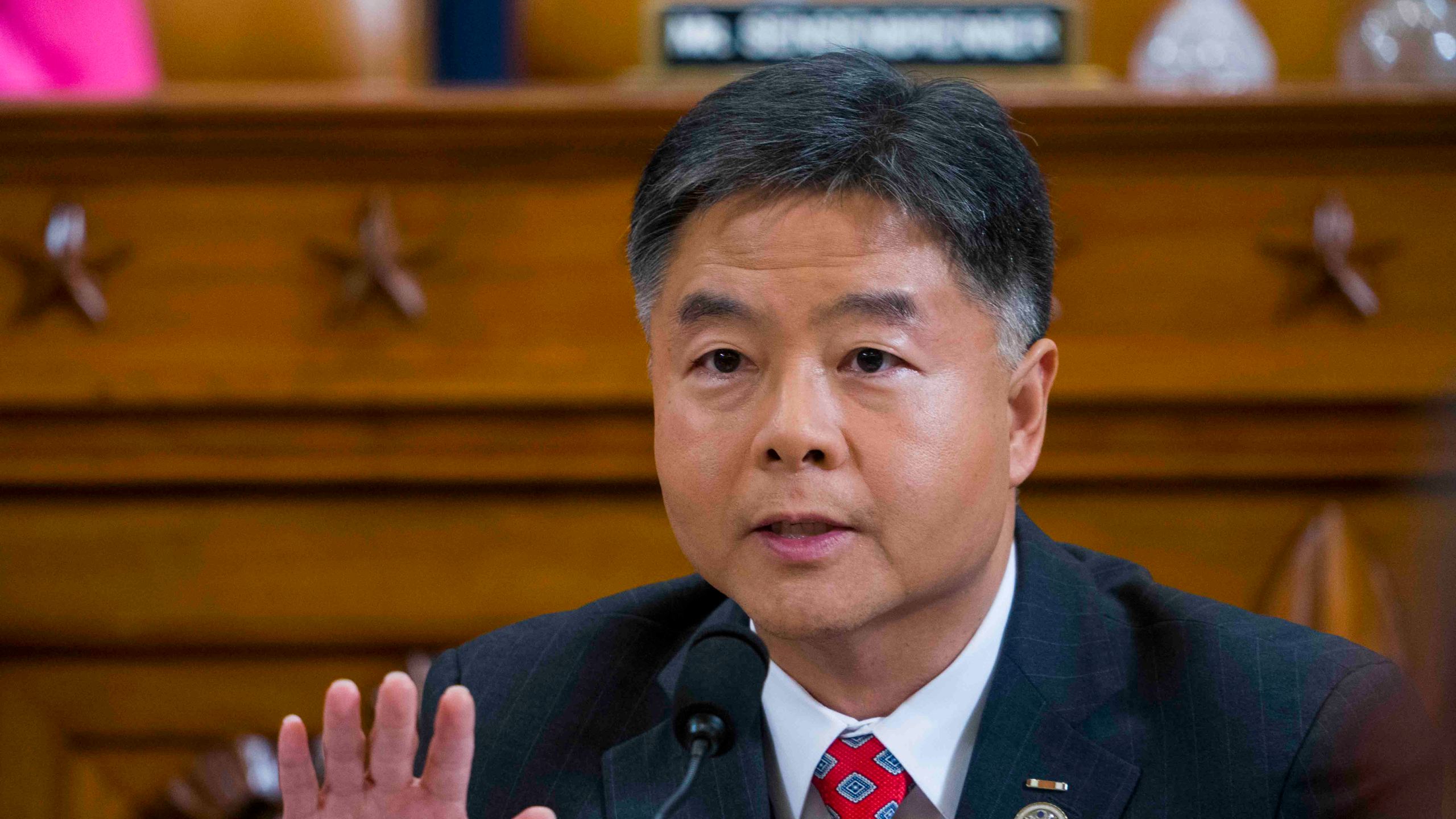 Rep. Ted Lieu questions Intelligence Committee Minority Counsel Stephen Castor and Intelligence Committee Majority Counsel Daniel Goldman during the House impeachment inquiry hearings in Washington, D.C. on Dec. 9, 2019.(DOUG MILLS/POOL/AFP via Getty Images)