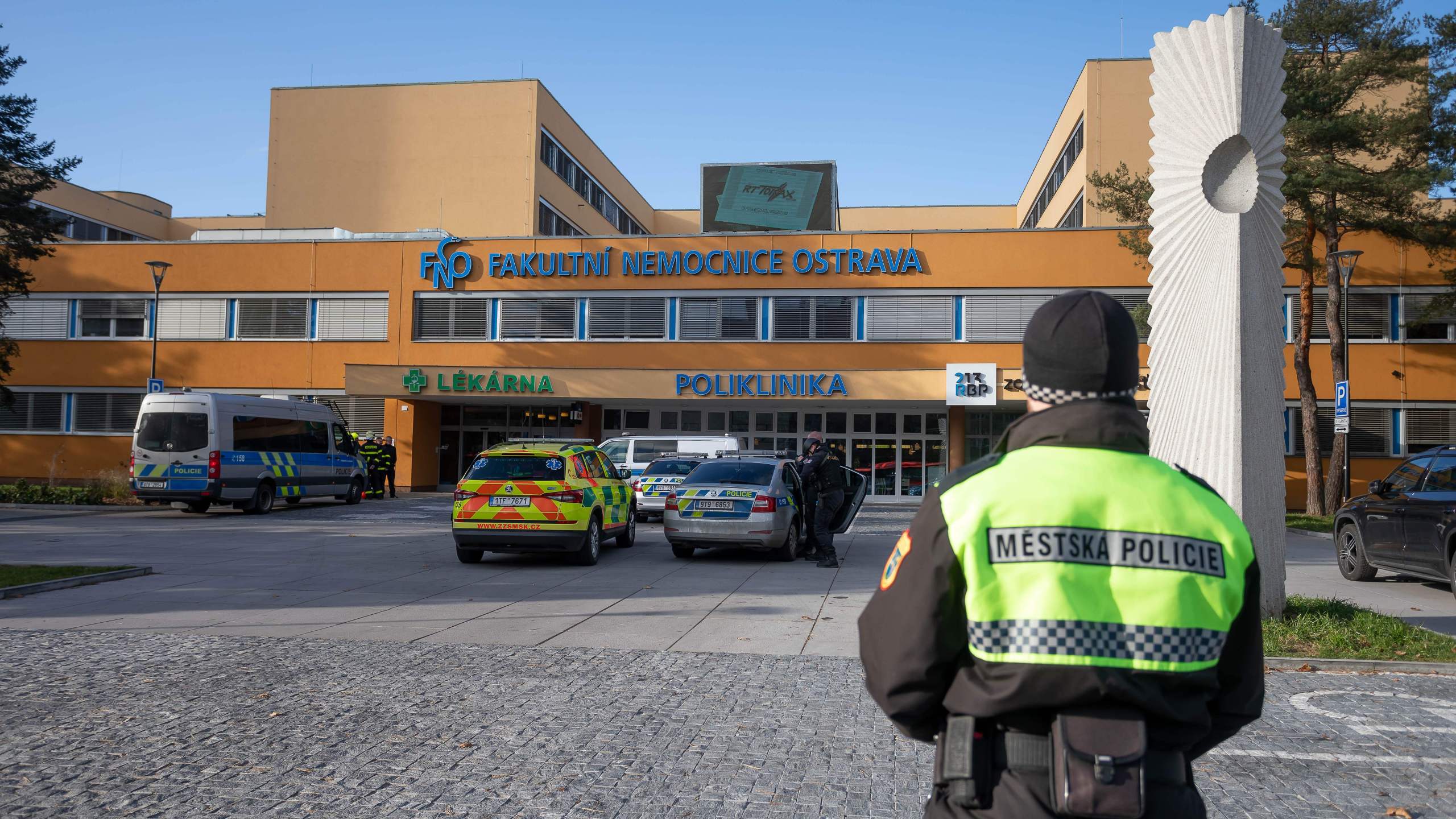 A policeman stands in front of the Faculty Hospital in Ostrava, eastern Czech Republic, after a gunman opened fire killing six people, on December 10, 2019. (Credit: RADEK MICA/AFP via Getty Images)