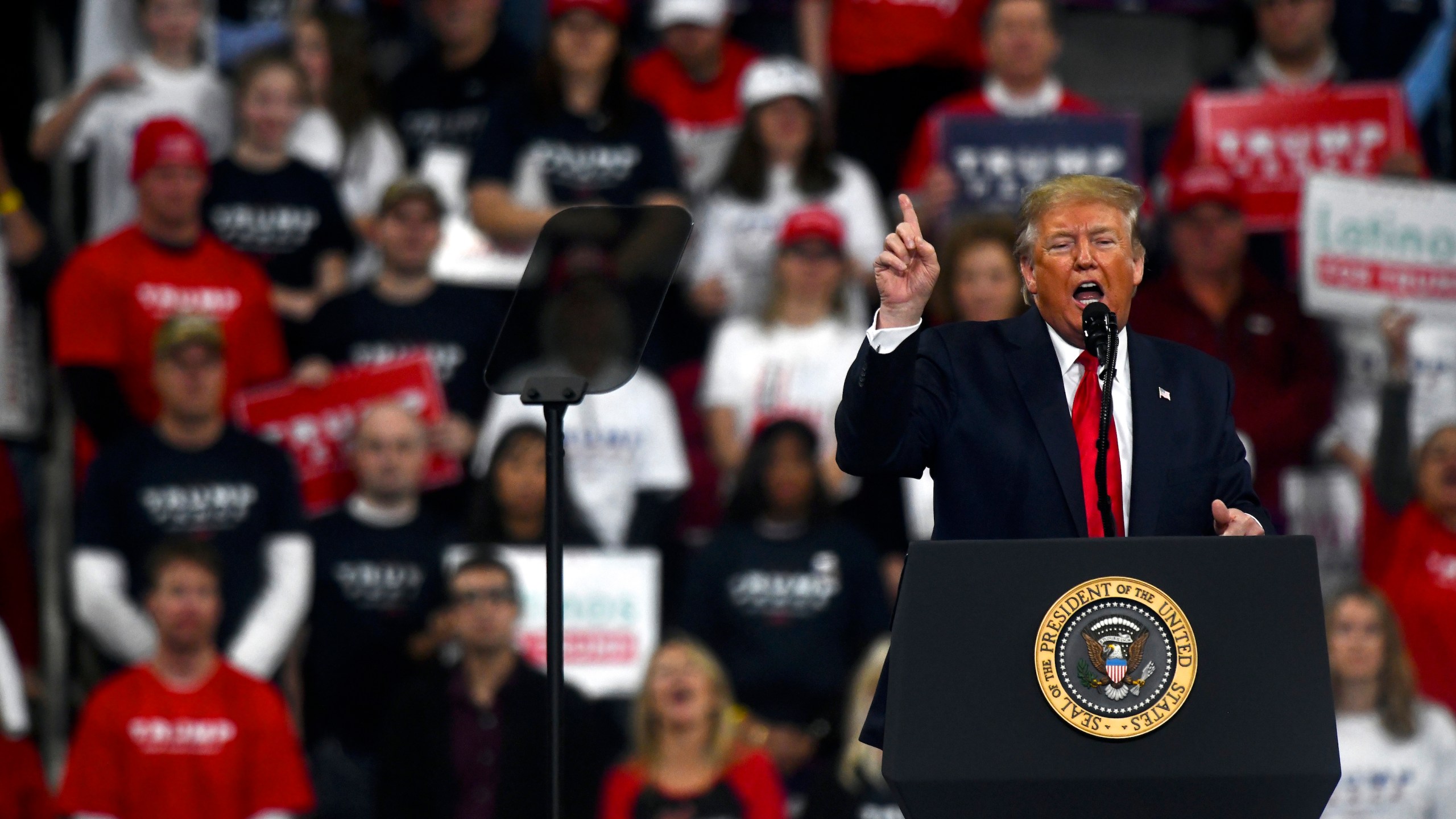 Donald Trump speaks at a campaign rally on Dec. 10, 2019 in Hershey, Pennsylvania. (Credit: Mark Makela/Getty Images)