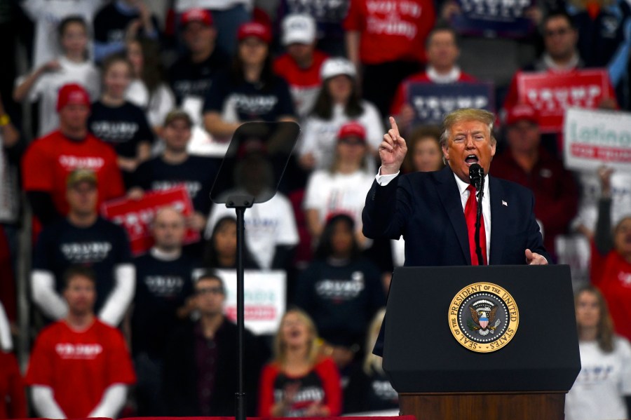 Donald Trump speaks at a campaign rally on Dec. 10, 2019 in Hershey, Pennsylvania. (Credit: Mark Makela/Getty Images)