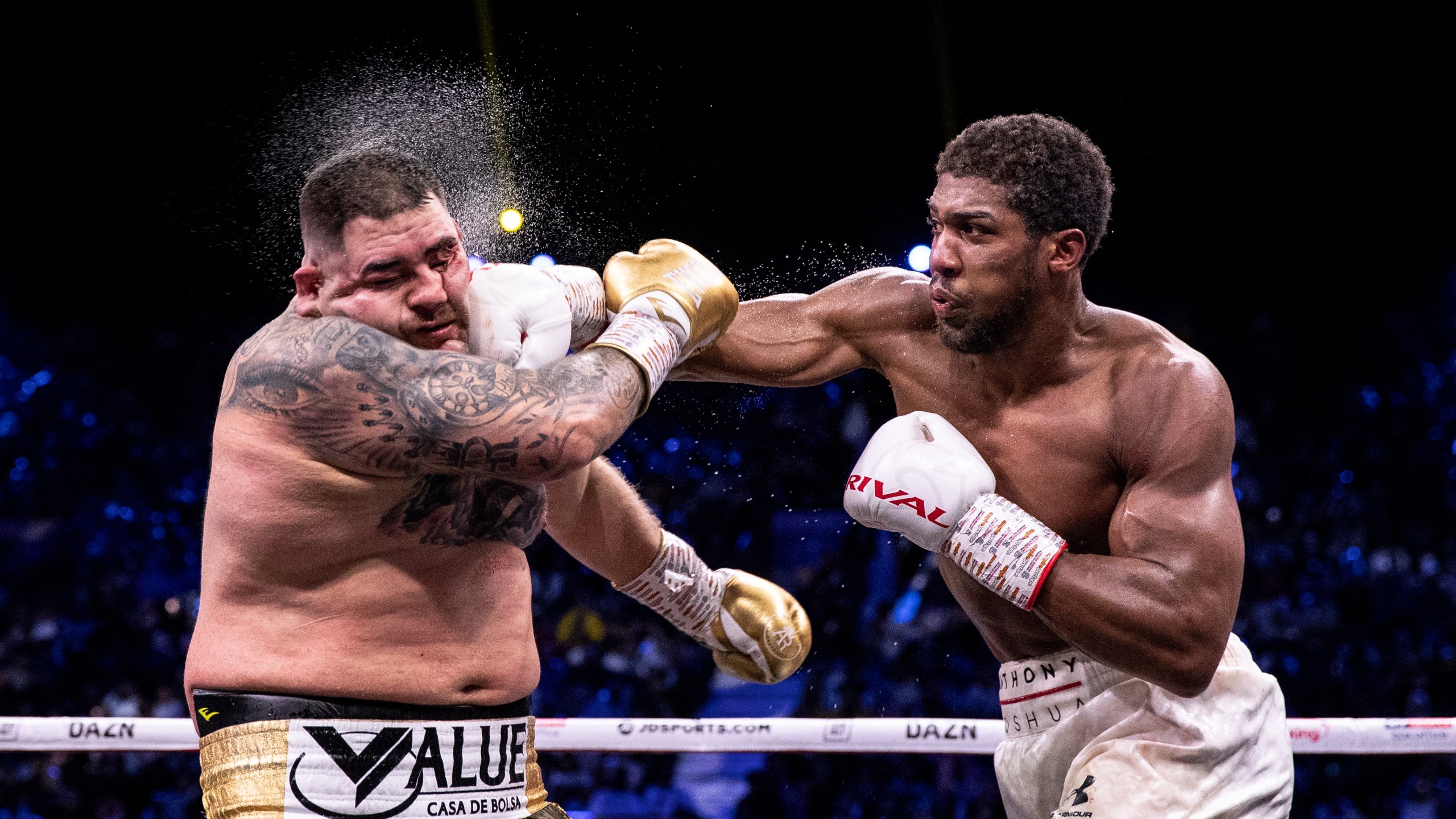 Anthony Joshua punches Andy Ruiz Jr. during the IBF, WBA, WBO & IBO World Heavyweight Title Fight on Dec. 7, 2019, in Diriyah, Saudi Arabia. (Credit: Richard Heathcote/Getty Images)