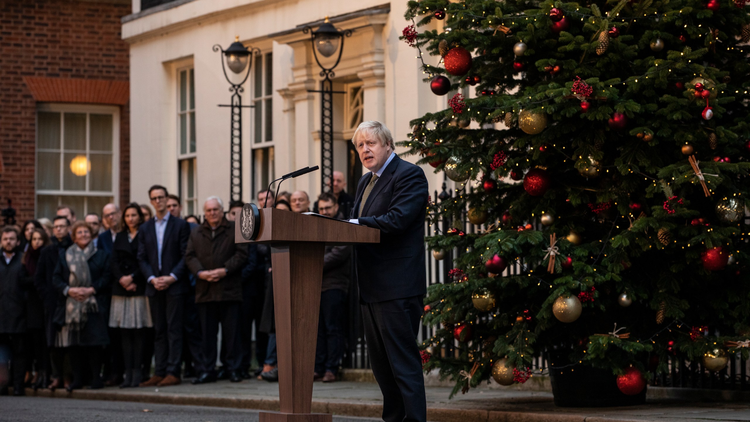 Prime Minister Boris Johnson makes a statement in Downing Street after receiving permission to form the next government during an audience with Queen Elizabeth II at Buckingham Palace earlier today, on Dec. 13, 2019, in London, England. (Credit: Dan Kitwood/Getty Images)