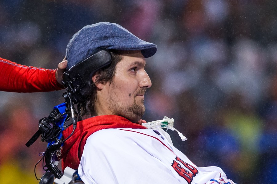 Former Boston College Eagles baseball player and creator of the Ice Bucket Challenge Pete Frates takes part in pregame ceremonies at Fenway Park on October 1, 2016 in Boston. (Credit: Rich Gagnon/Getty Images)