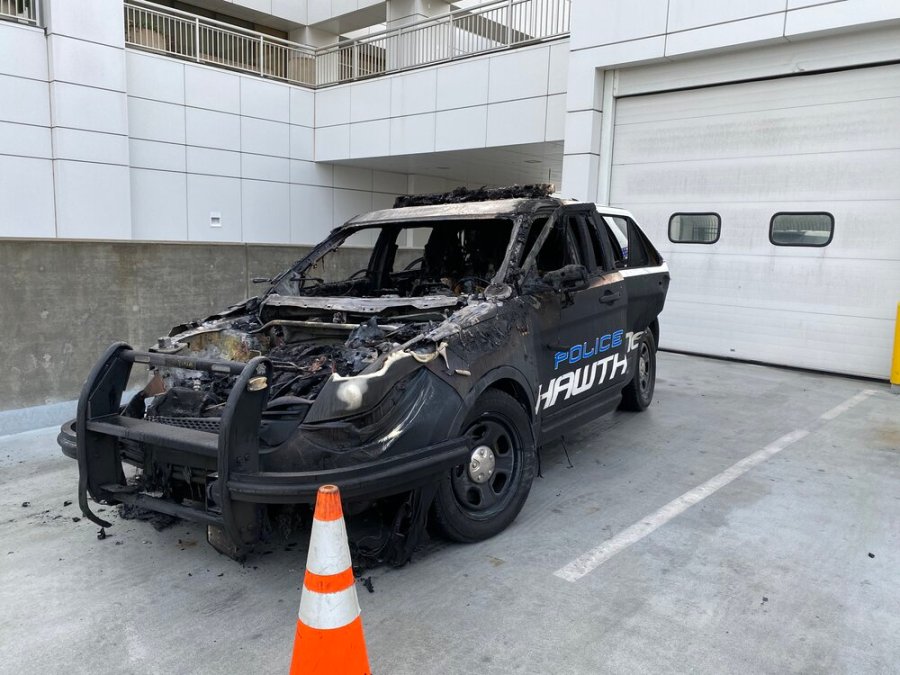 Hawthorne police released this photo of a patrol SUV completely destroyed after a person set it on fire on Dec. 5, 2019.