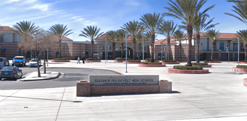 Eleanor Roosevelt High School in Eastvale is shown in in a Street View image from Google Maps.