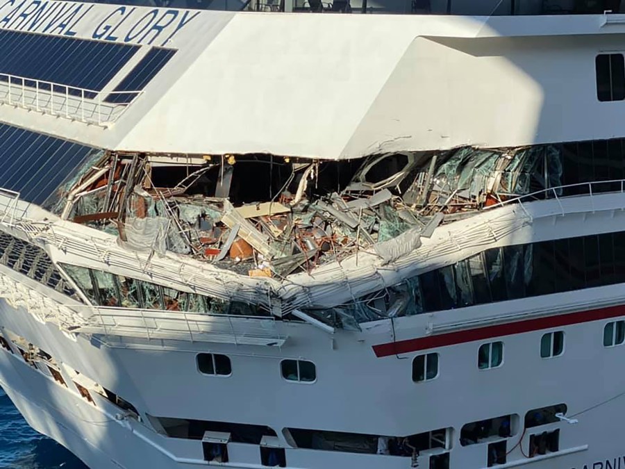 Damage is seen after The Carnival Glory and Carnival Legend collided on Dec. 20, 2019, while at port in Cozumel, Mexico. (Credit: Mary Anne McKinley via CNN)