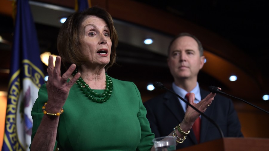 House Speaker Nancy Pelosi, left, speaks alongside Rep. Adam Schiff, chair of the House Intelligence Committee, at a Capitol Hill press conference on Oct. 15, 2019. (Credit: Eric Baradat / AFP / Getty Images)