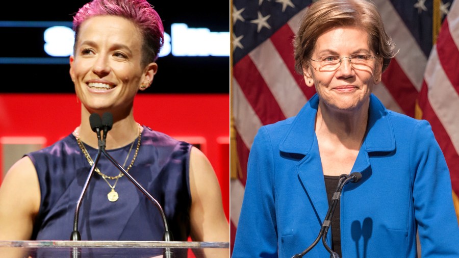 Megan Rapinoe, left, speaks at the Sports Illustrated Sportsperson Of The Year 2019 at the Ziegfeld Ballroom on Dec. 9, 2019 in New York City. Sen. Elizabeth Warren (D-MA), left, speaks on Dec. 12, 2019 in Manchester, New Hampshire.(Credit: Bennett Raglin/Getty Images for Sports Illustrated Sportsperson of the Year 2019; Scott Eisen/Getty Images)