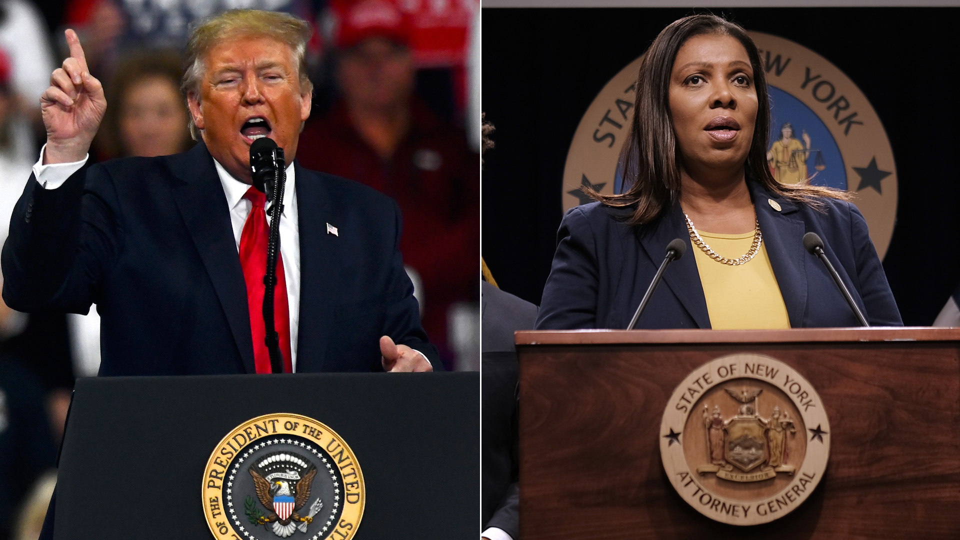 Donald Trump, left, speaks at a campaign rally on Dec. 10, 2019 in Hershey, Pennsylvania. New York State Attorney General Letitia James, right, holds a news conference Nov. 19, 2019 in New York City. (Credit: Mark Makela/Spencer Platt/Getty Images)