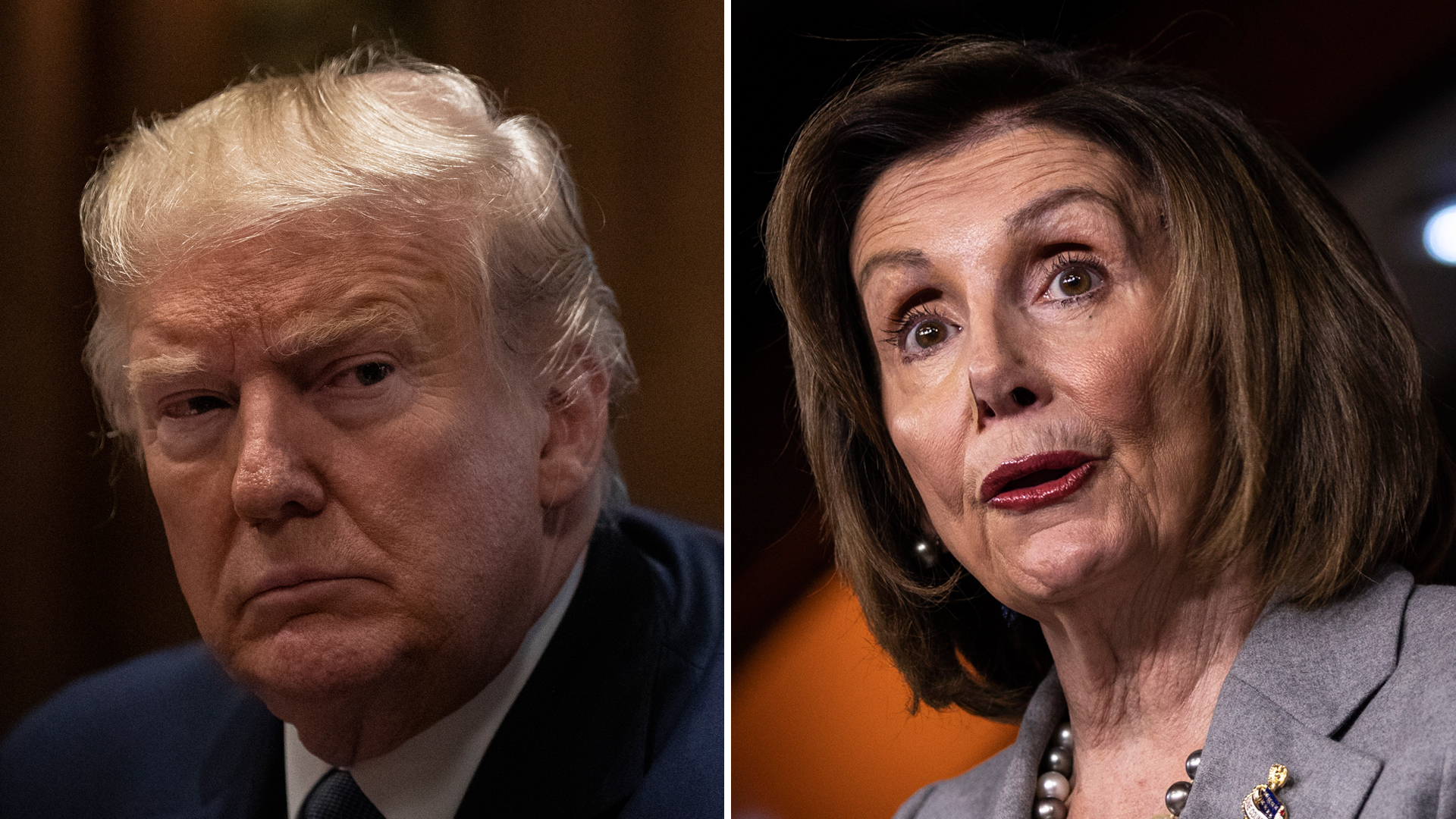 President Donald Trump, left, listens during a meeting in the Cabinet Room of the White House on Dec. 16, 2019. At right, House Speaker Nancy Pelosi speaks during a Capitol Hill news conference on Dec. 12, 2019. (Credit: Drew Angerer / Getty Images)