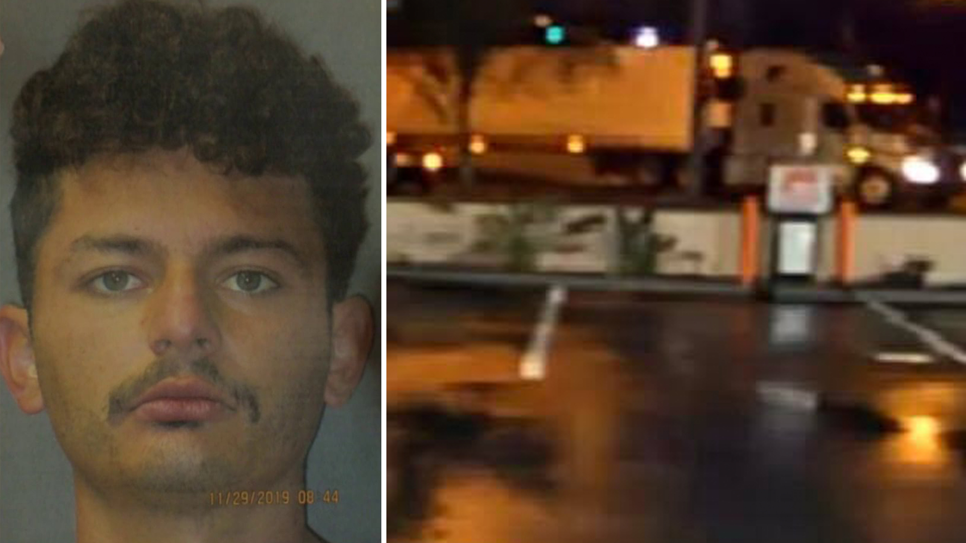 Ricardo Preciado-Saldivar, 26, is seen in an undated photo provided by the La Habra Police Department on Dec. 2, 2019. On the right, a big rig whose driver is believed to have witnessed the crash is seen in a photo released by police.