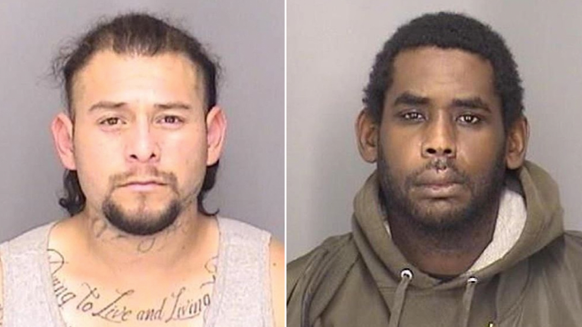 Javier Delgadillo-Munoz and Paul Glenn, both of Modesto,are seen in undated booking photos provided by the Merced County Sheriff's Office.