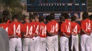 The Pirates baseball team donned No. 14 in honor of their late coach John Altobelli at the Orange Coast College’s season opening game in Costa Mesa on Jan. 28, 2020. (Credit: KTLA)