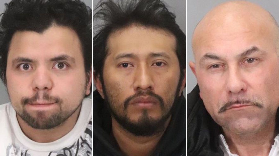 Hediberto Gonzalez Avarenga, Antonio Quirino Salvador and Albert Thomas Vasquez appear in booking photos released by the San Jose Police Department on Jan. 16, 2020.