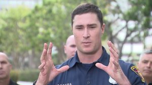 Firefighter Garrett Boccara on Jan. 30, 2020 recalls the dramatic rescue of a man during a high-rise fire the day before. (Credit: KTLA) 