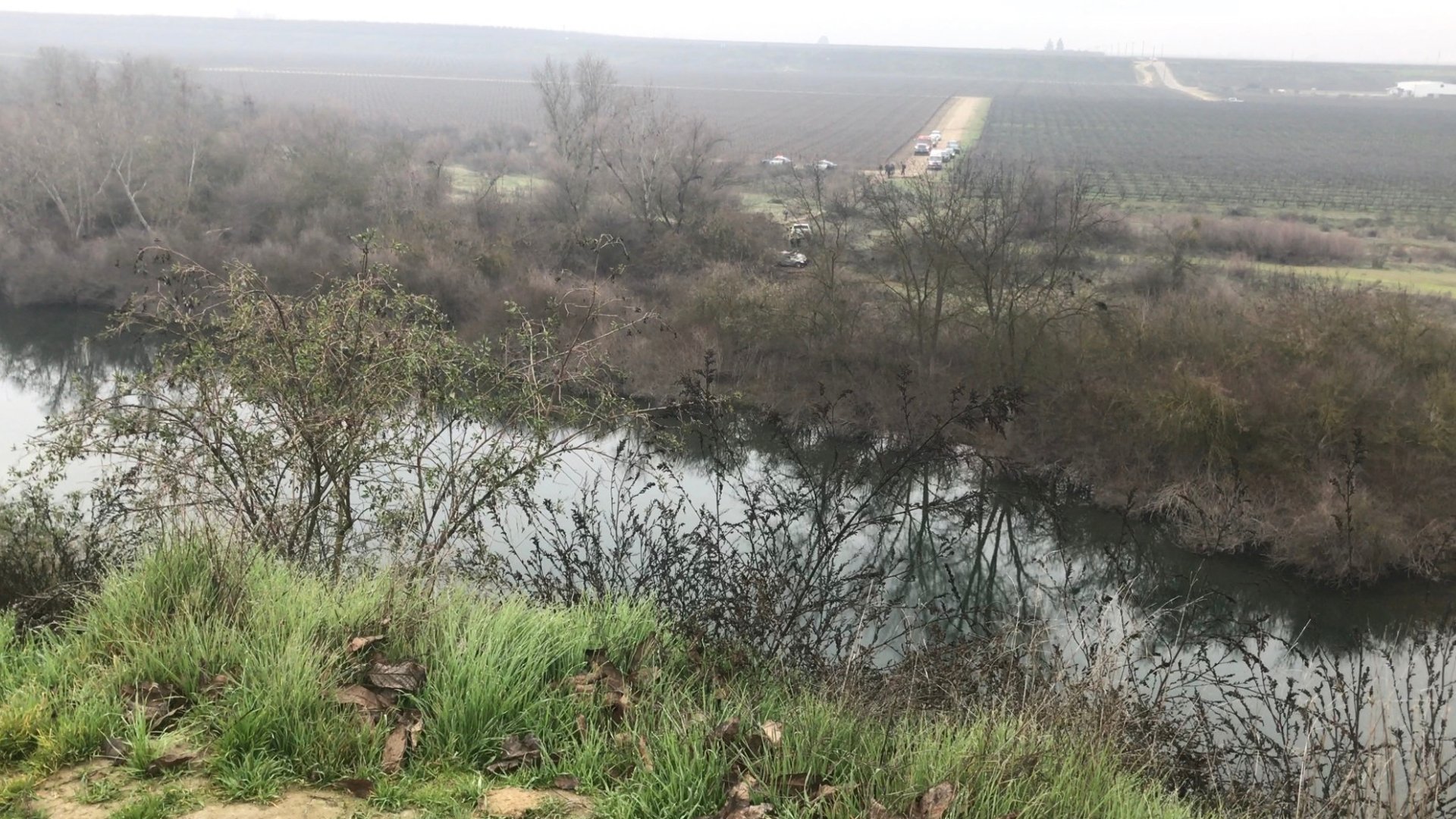 A driver trying to flee police died after going airborne over the San Joaquin River on Jan. 20, 2020. (Credit: KSEE/KGPE)