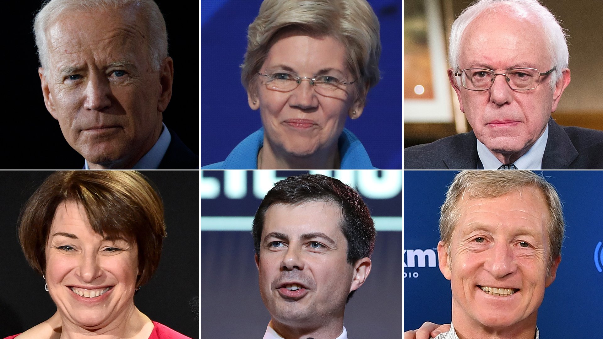 Joe Biden, Elizabeth Warren, Bernie Sanders, Amy Klobuchar, Pete Buttigieg and Tom Steyer, participants at a Democratic presidential debate in Iowa on Jan. 14, 2020, appear in a composite image. (Credit: Getty Images)