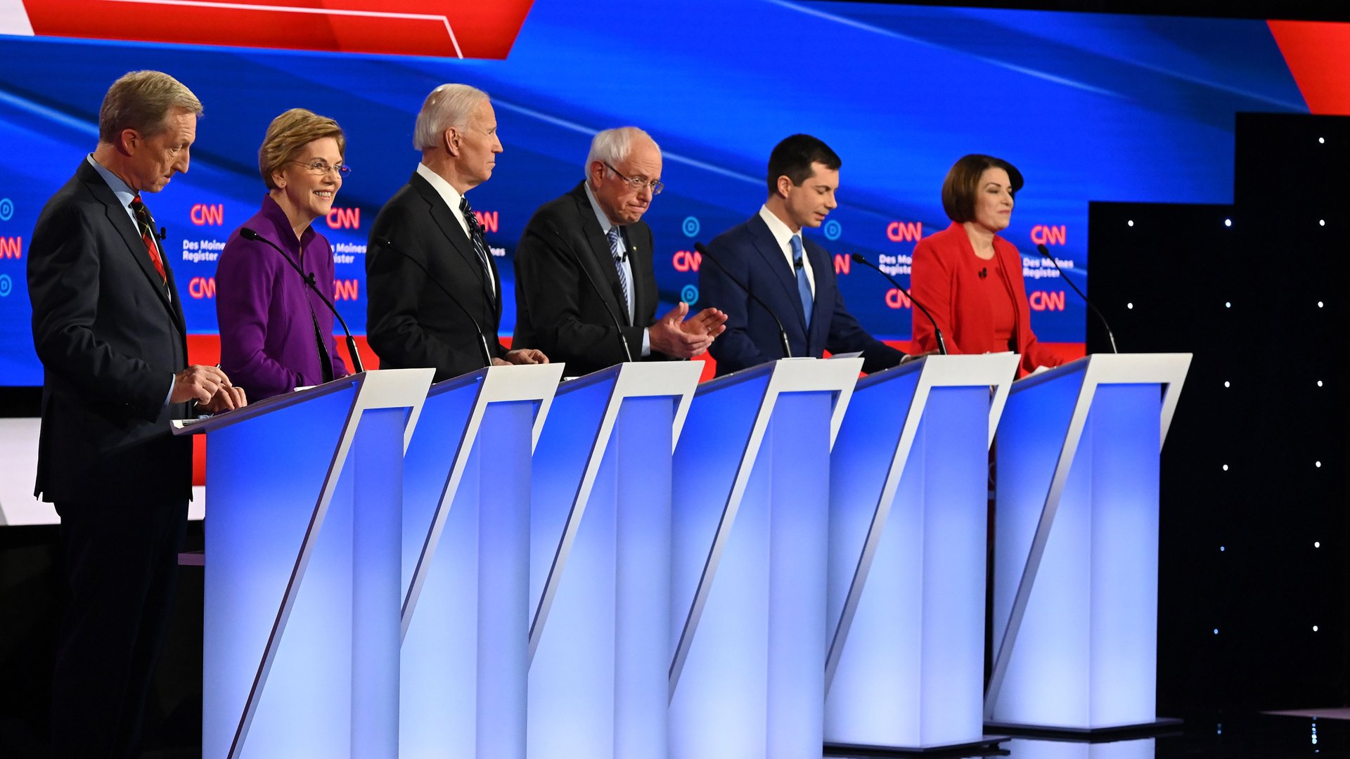 Democratic primary debate of the 2020 presidential campaign season at the Drake University campus in Des Moines, Iowa on Jan. 14, 2020. (Credit: Robyn Beck/Getty)