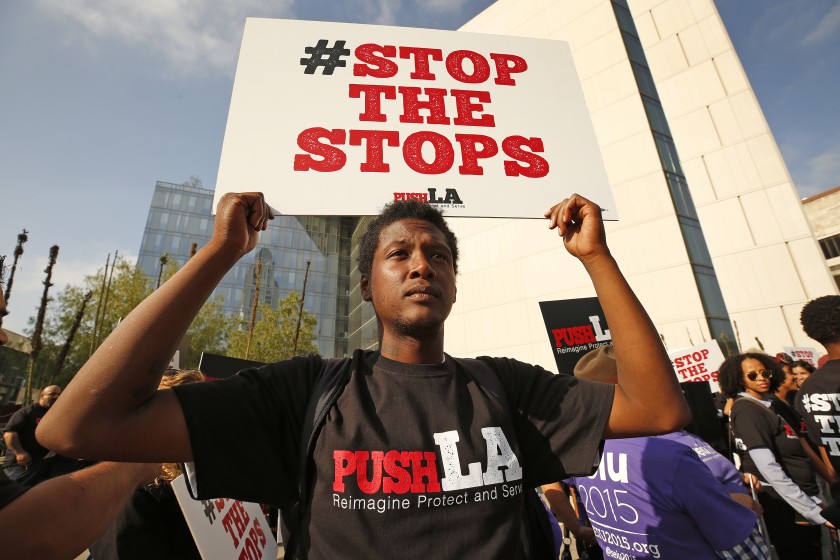 Allen Mitchell Gardner of Community Coalition attends a rally for police reforms outside LAPD headquarters in October 2019. (Credit: Al Seib / Los Angeles Times)