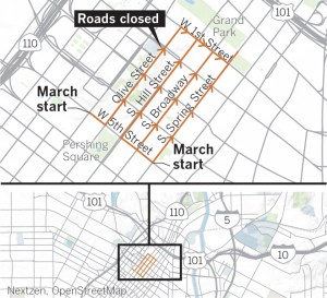 A map shows road closures through 4:30 p.m. on Jan. 18, 2020 for the fourth annual Women’s March. (Credit: Los Angeles Times)