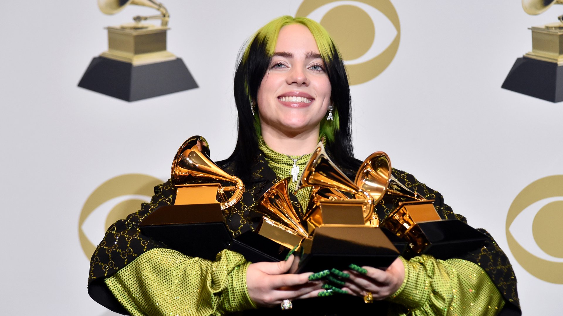 Billie Eilish, winner of Record of the Year for "Bad Guy", Album of the Year for "when we all fall asleep, where do we go?", Song of the Year for "Bad Guy", Best New Artist and Best Pop Vocal Album for "when we all fall asleep, where do we go?", poses in the press room during the 62nd Annual GRAMMY Awards at STAPLES Center on January 26, 2020 in Los Angeles, California. (Credit: Alberto E. Rodriguez/Getty Images/The Recording Academy)